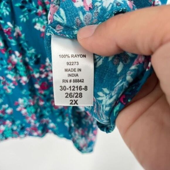 Woman Within Women's Floral Polka Dot V-Neck 3/4 Sleeve Blouse Top Blue Size 2X - Picture 4 of 9